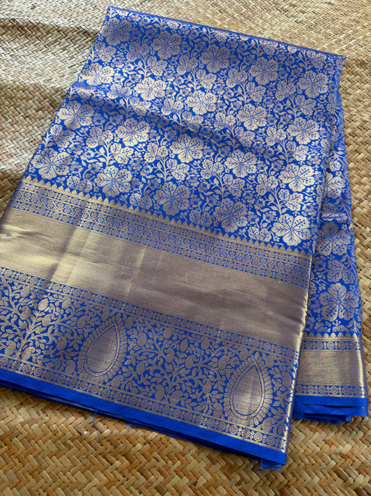 Royal Blue Floral Semi Kanchi Brocade Pattu