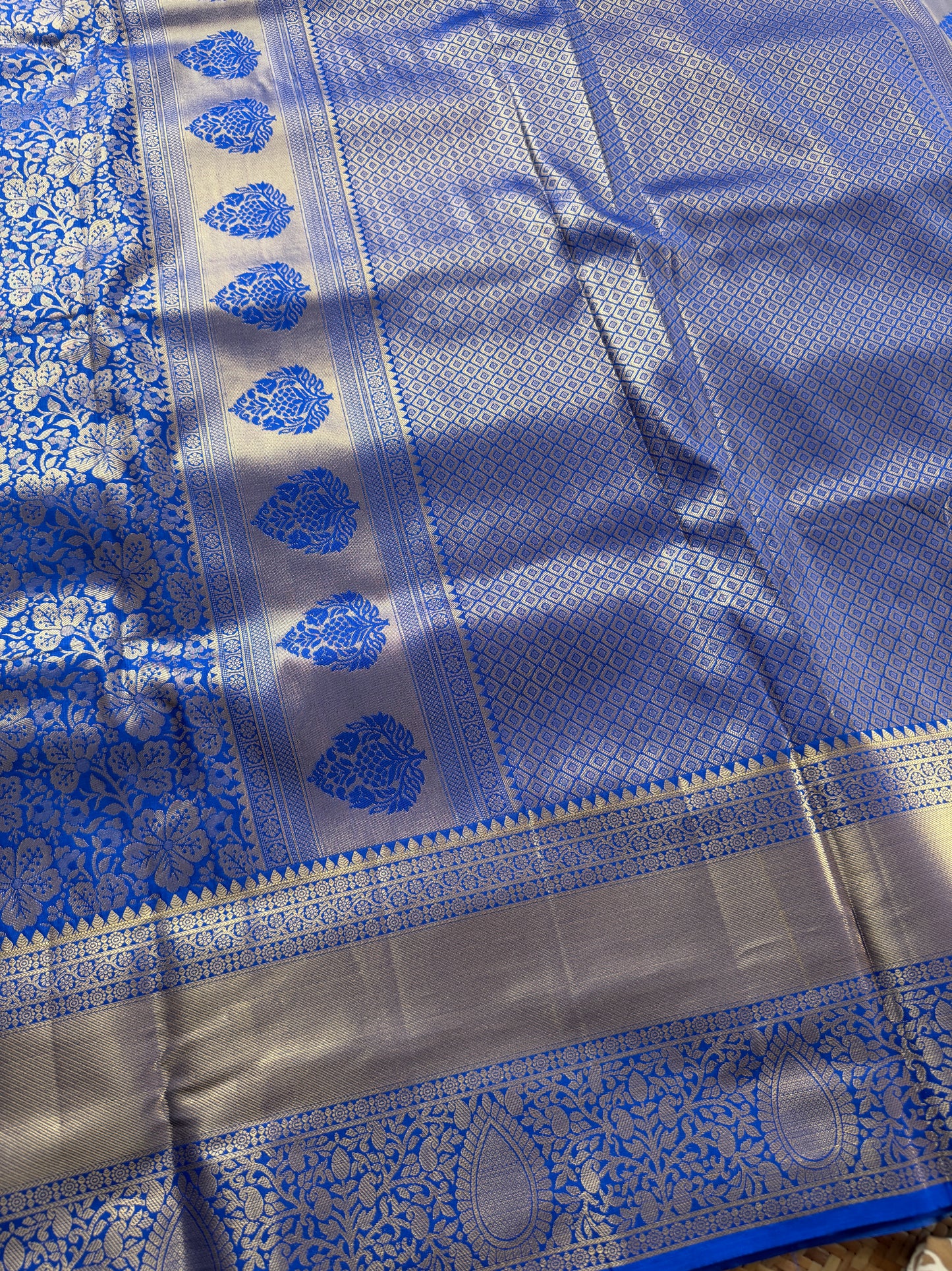 Royal Blue Floral Semi Kanchi Brocade Pattu