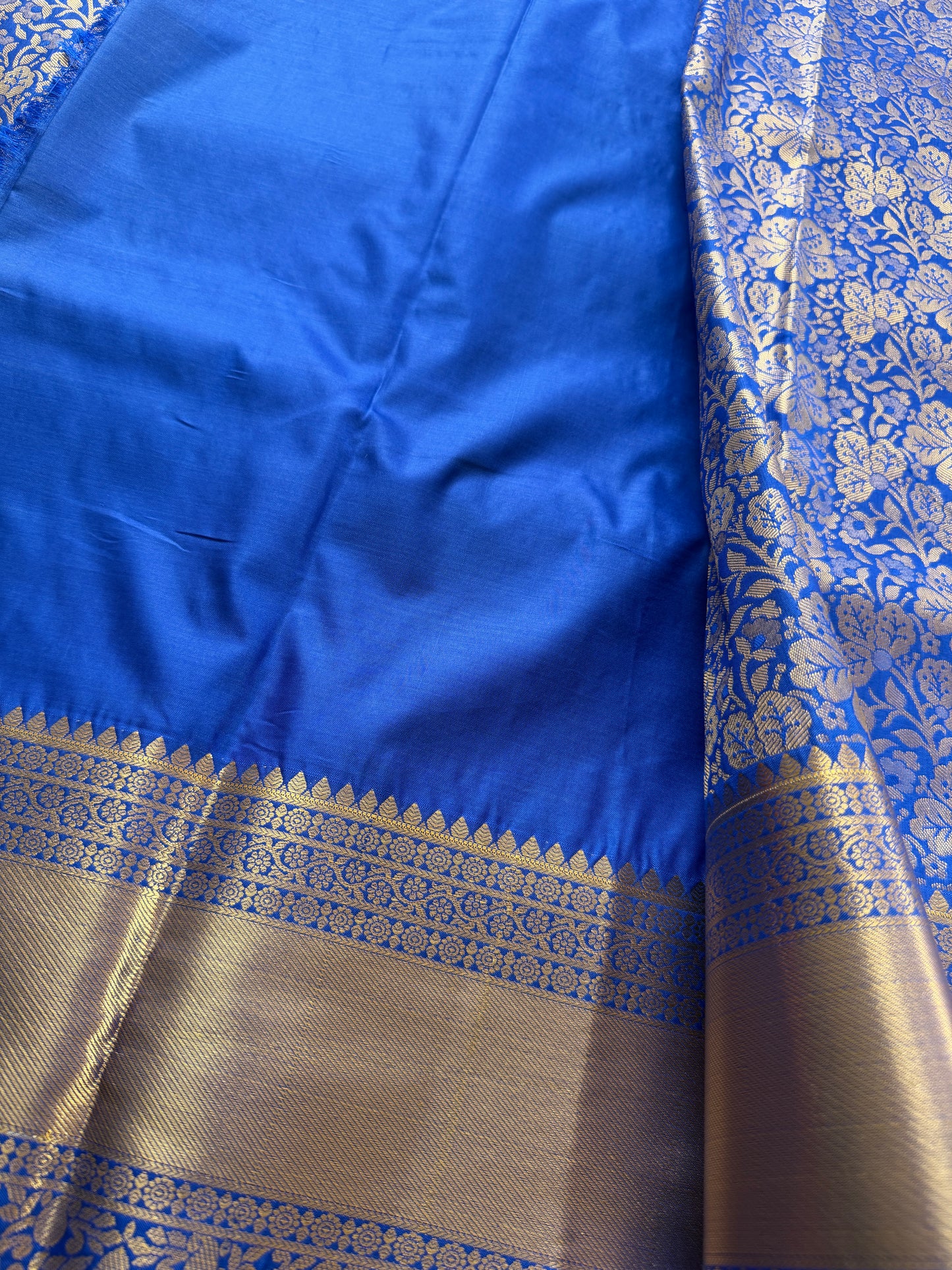 Royal Blue Floral Semi Kanchi Brocade Pattu