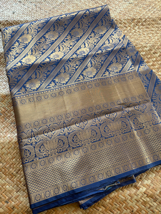 Navy Blue Semi Kanchi Brocade Pattu