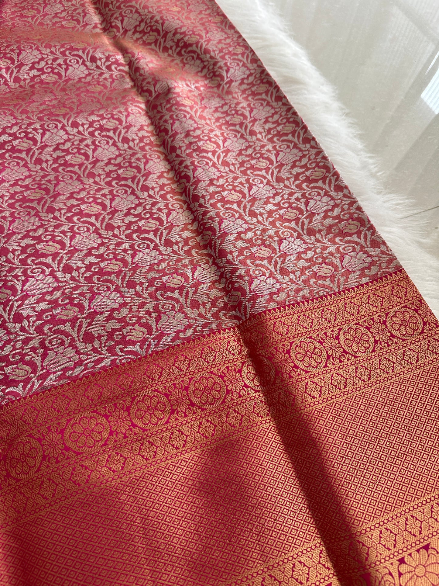 Salmon Peach Kanchi Tissue Silk Saree