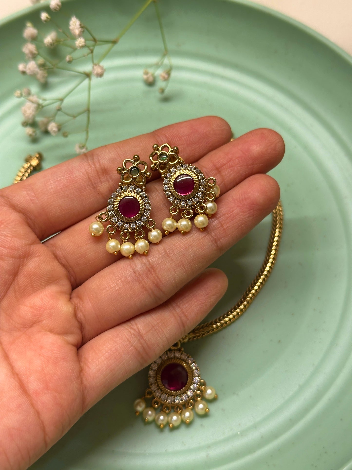 Ruby pendant Cute Attigai with pearls