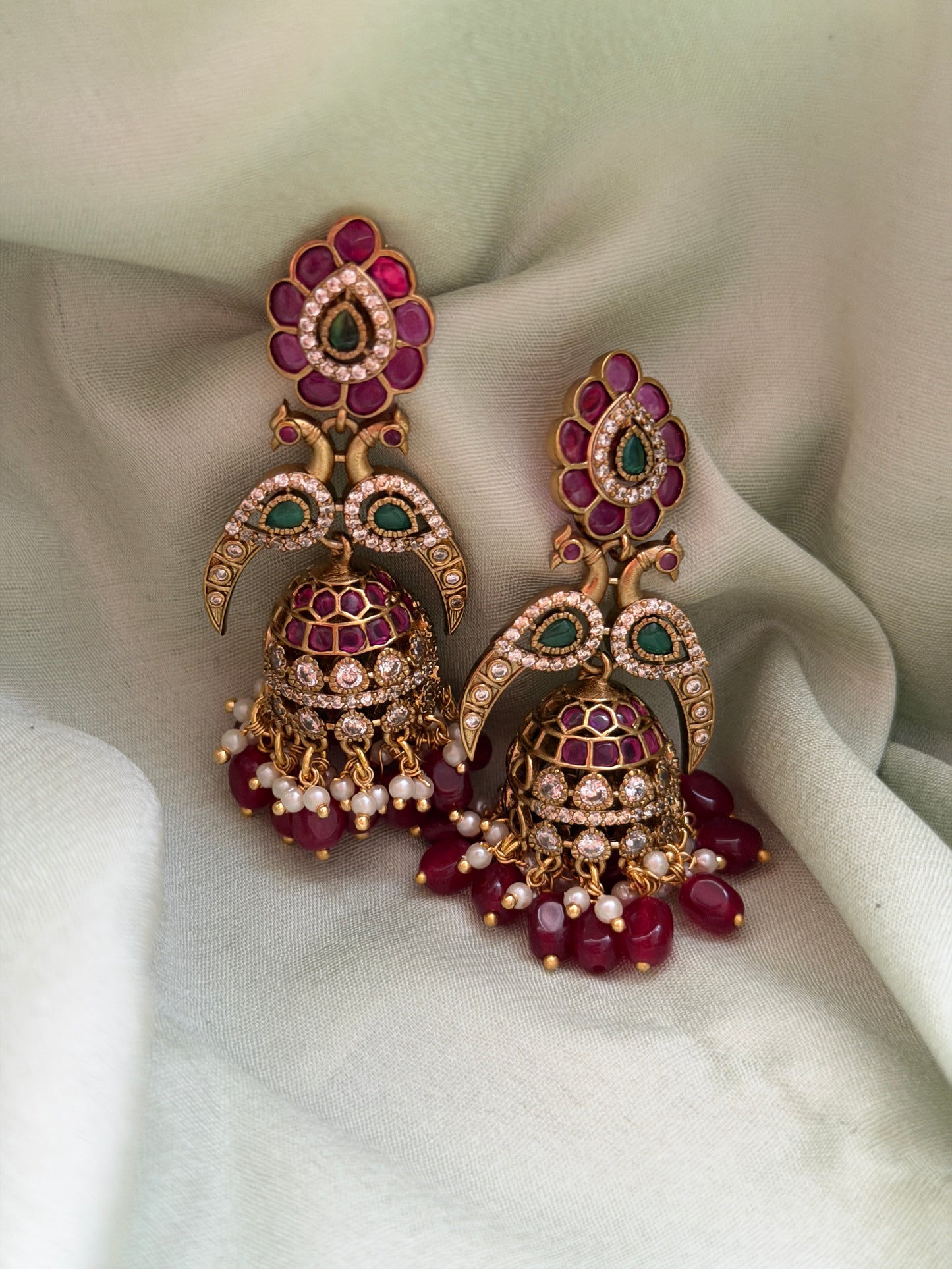 Dual Morah Ruby x Emerald Jhumkas