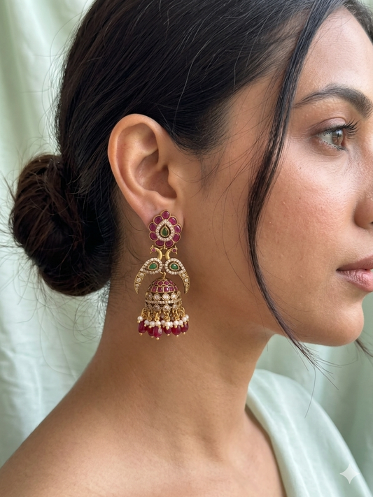 Dual Morah Ruby x Emerald Jhumkas