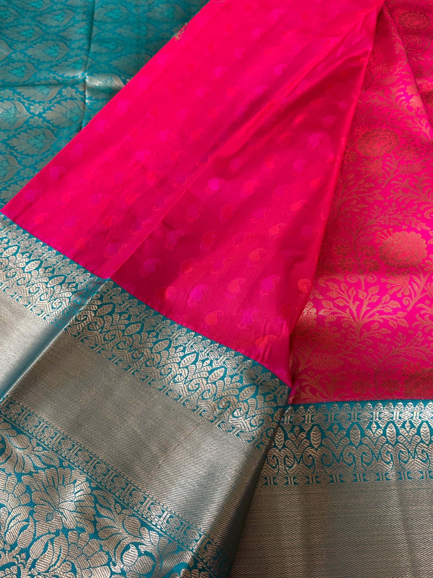 Hot Pink x Blue al tissue Silk Saree