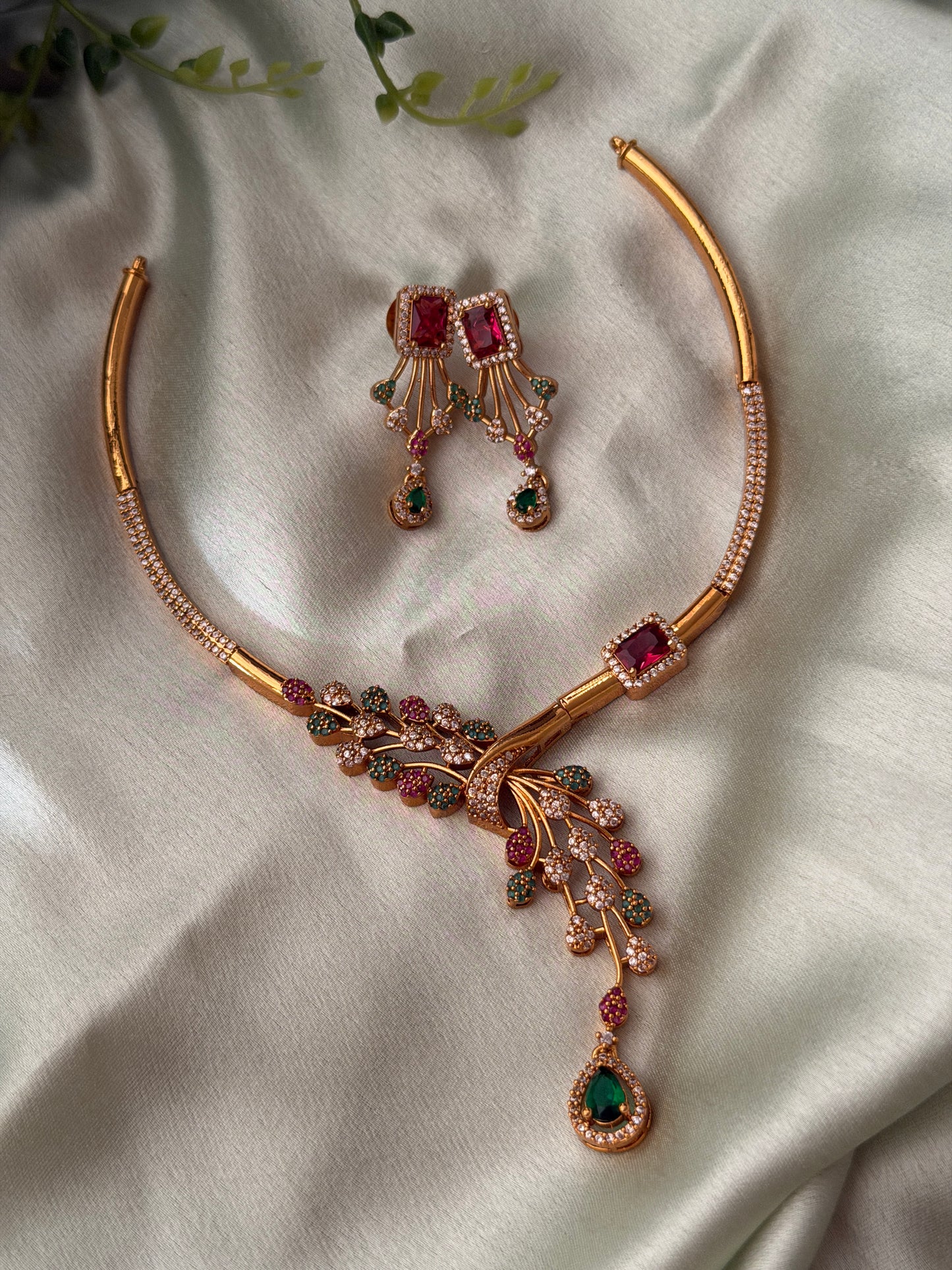 Peacock Feather AD Necklace