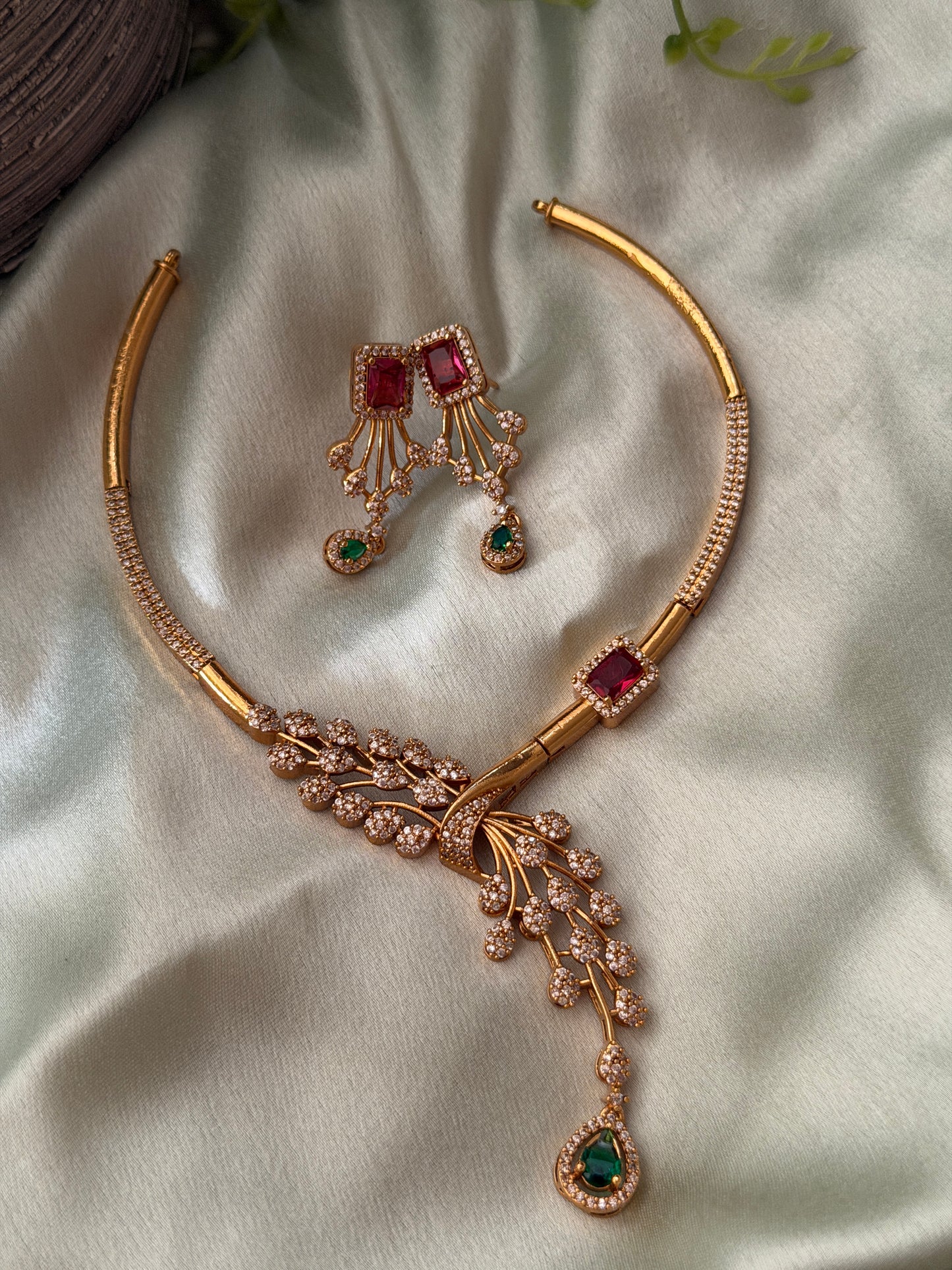 Peacock Feather AD Necklace