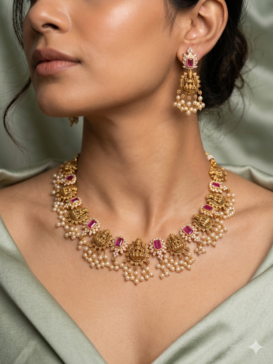 Square Ruby Lakshmi Guttapusalu necklace