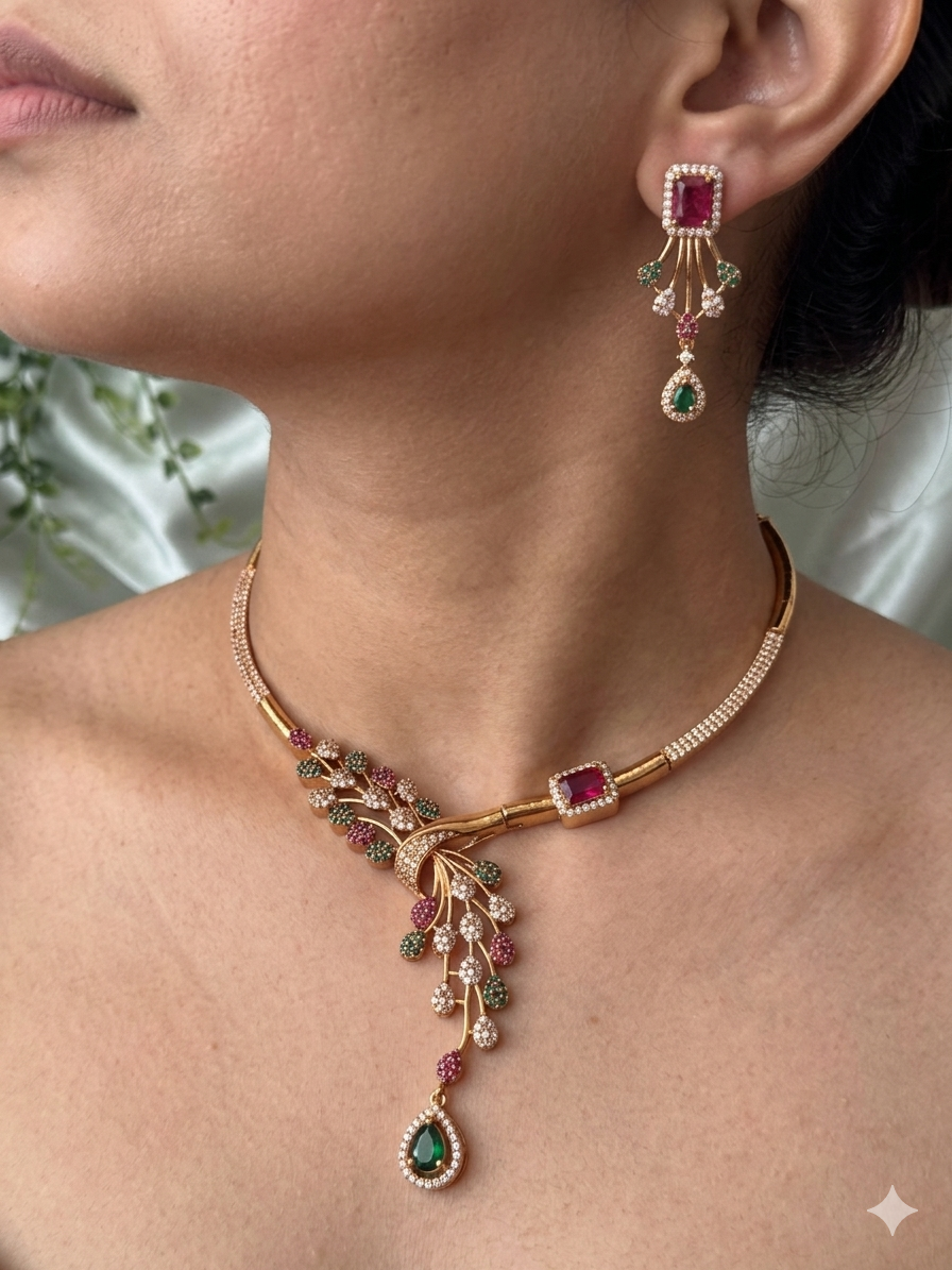 Peacock Feather AD Necklace