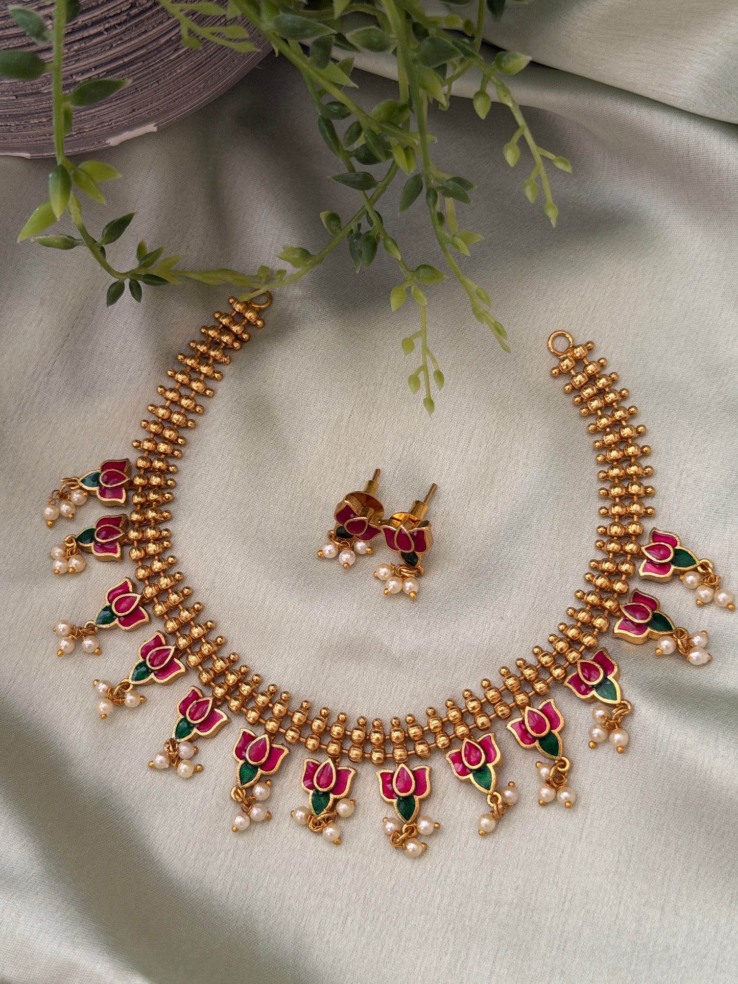 Two Line Gold Bead Padma Necklace