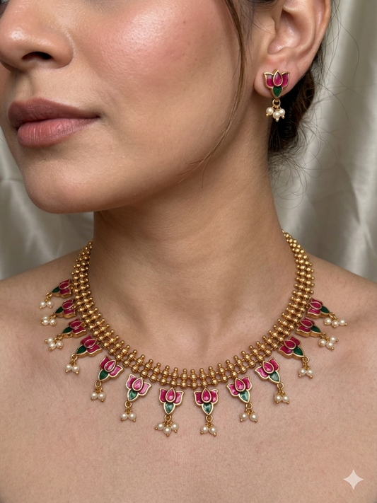 Two Line Gold Bead Padma Necklace