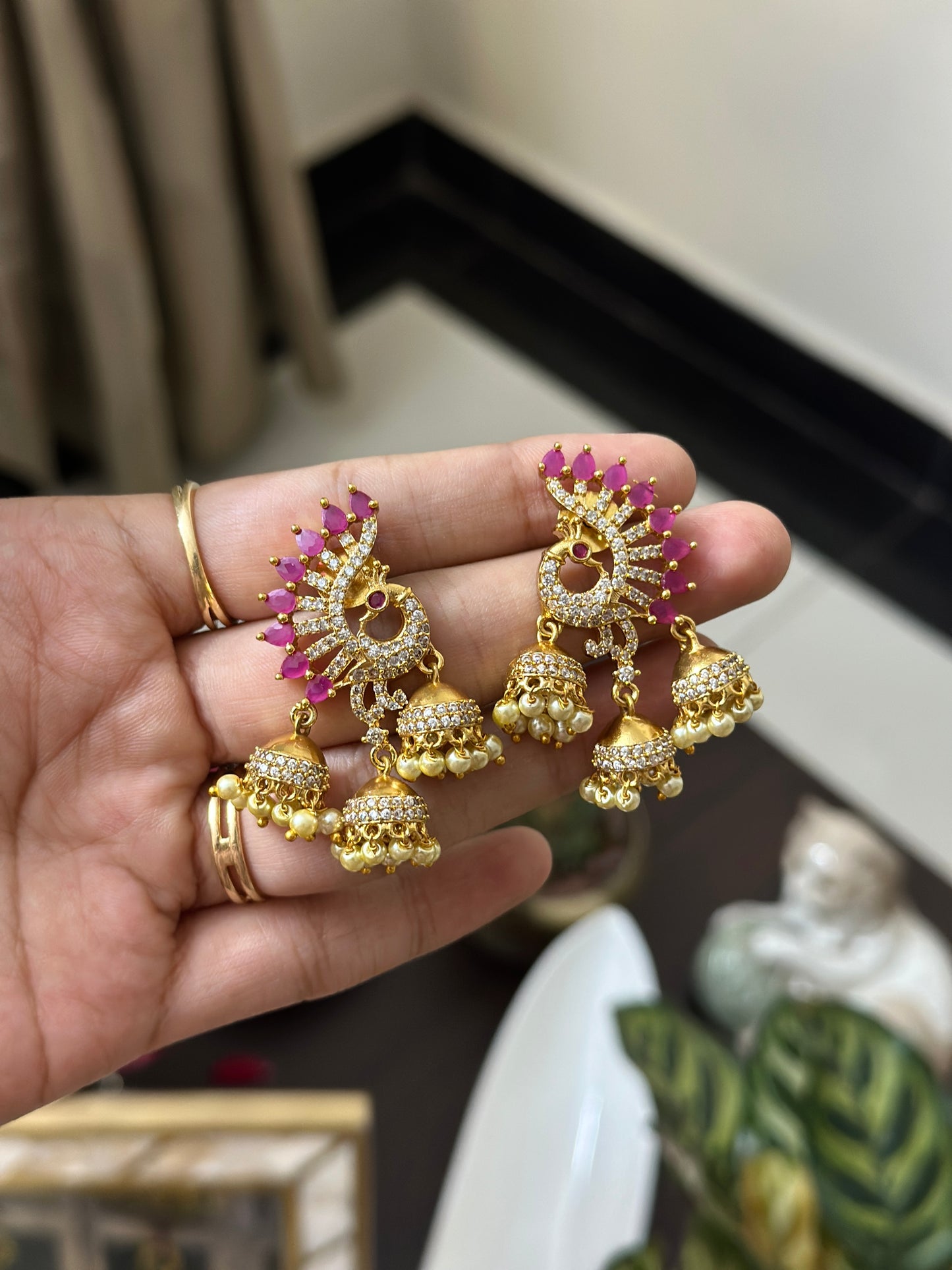 Tri Jhumka Peacock Earrings