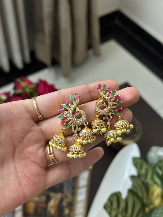Tri Jhumka Peacock Earrings
