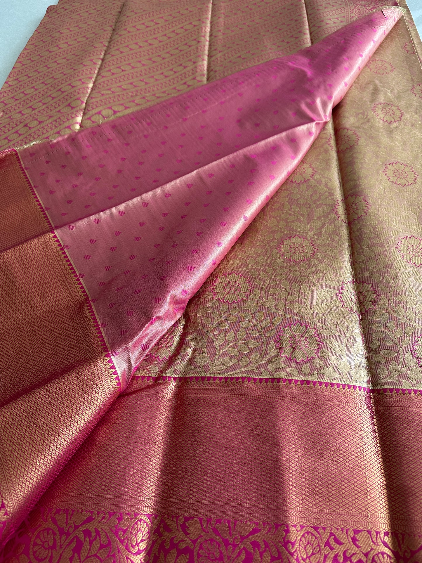 Peachy Orange Tissue Kanchi Pattu