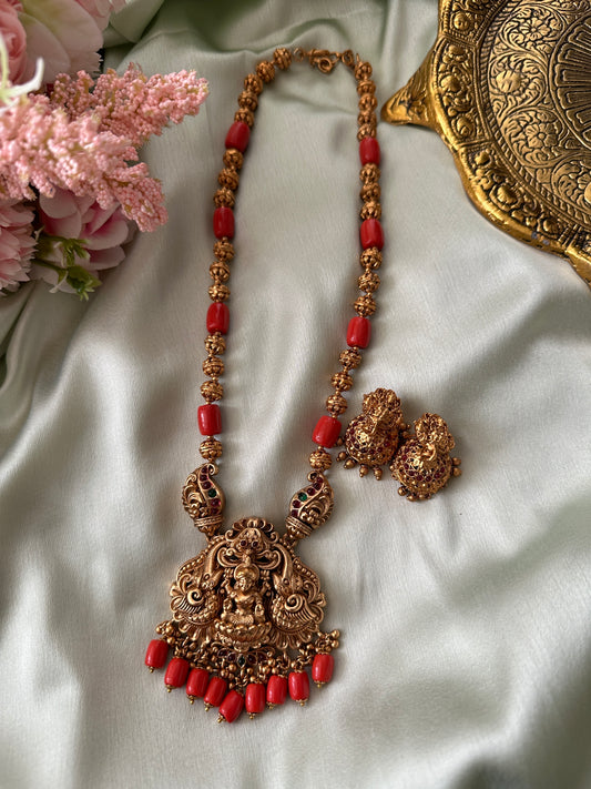 Coral beaded Devi Haaram with jhumkas