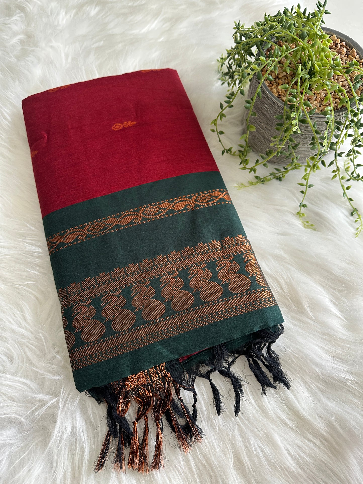 Blood red x Green Kalyani Cotton Saree