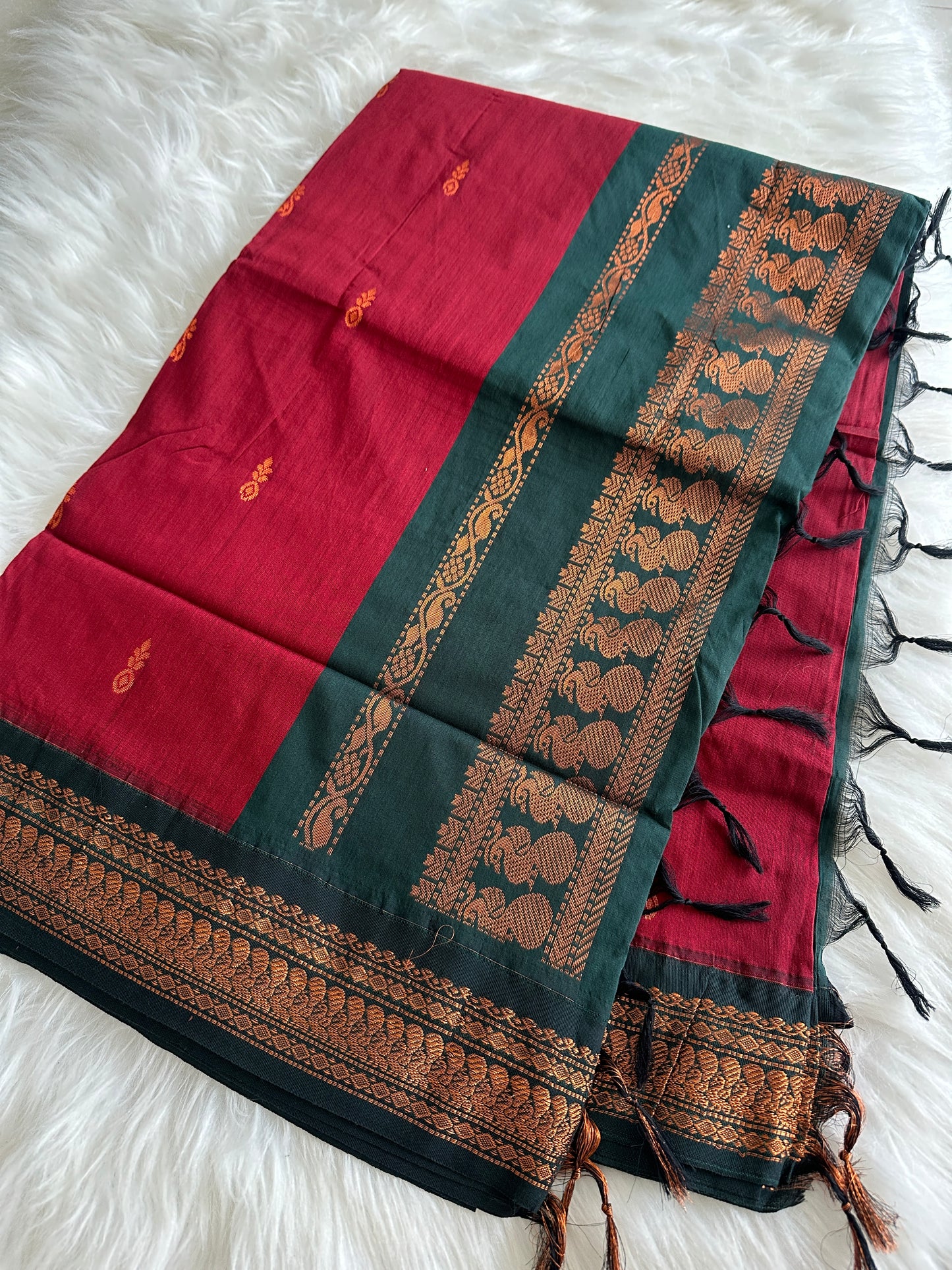 Blood red x Green Kalyani Cotton Saree