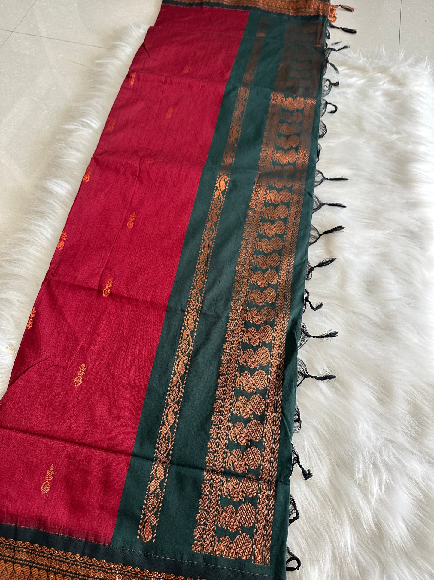 Blood red x Green Kalyani Cotton Saree