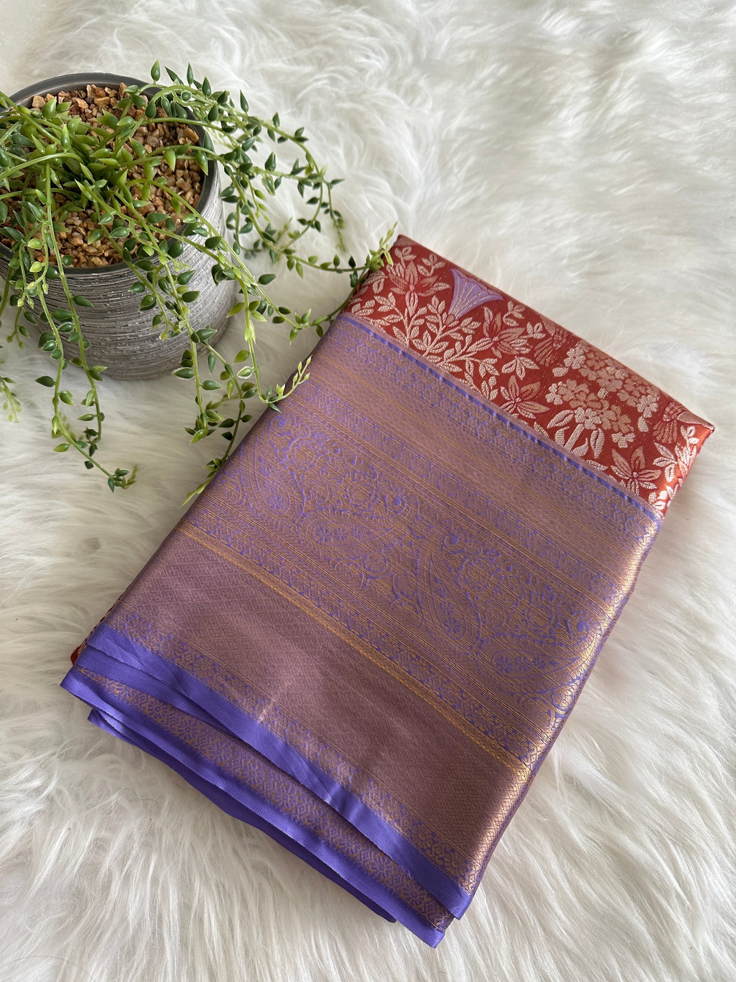 Burnt Orange Semi Kanchivaram Tissue Pattu with Copper Zari