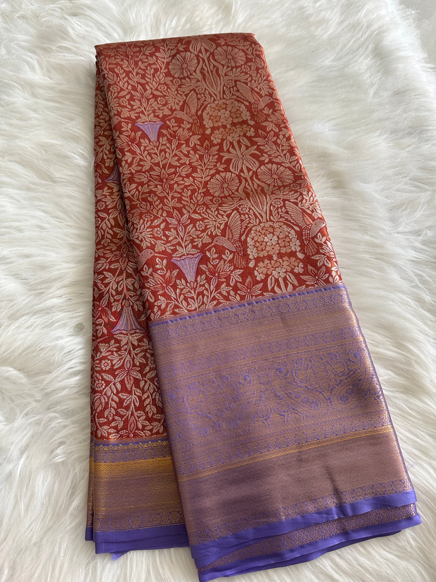 Burnt Orange Semi Kanchivaram Tissue Pattu with Copper Zari