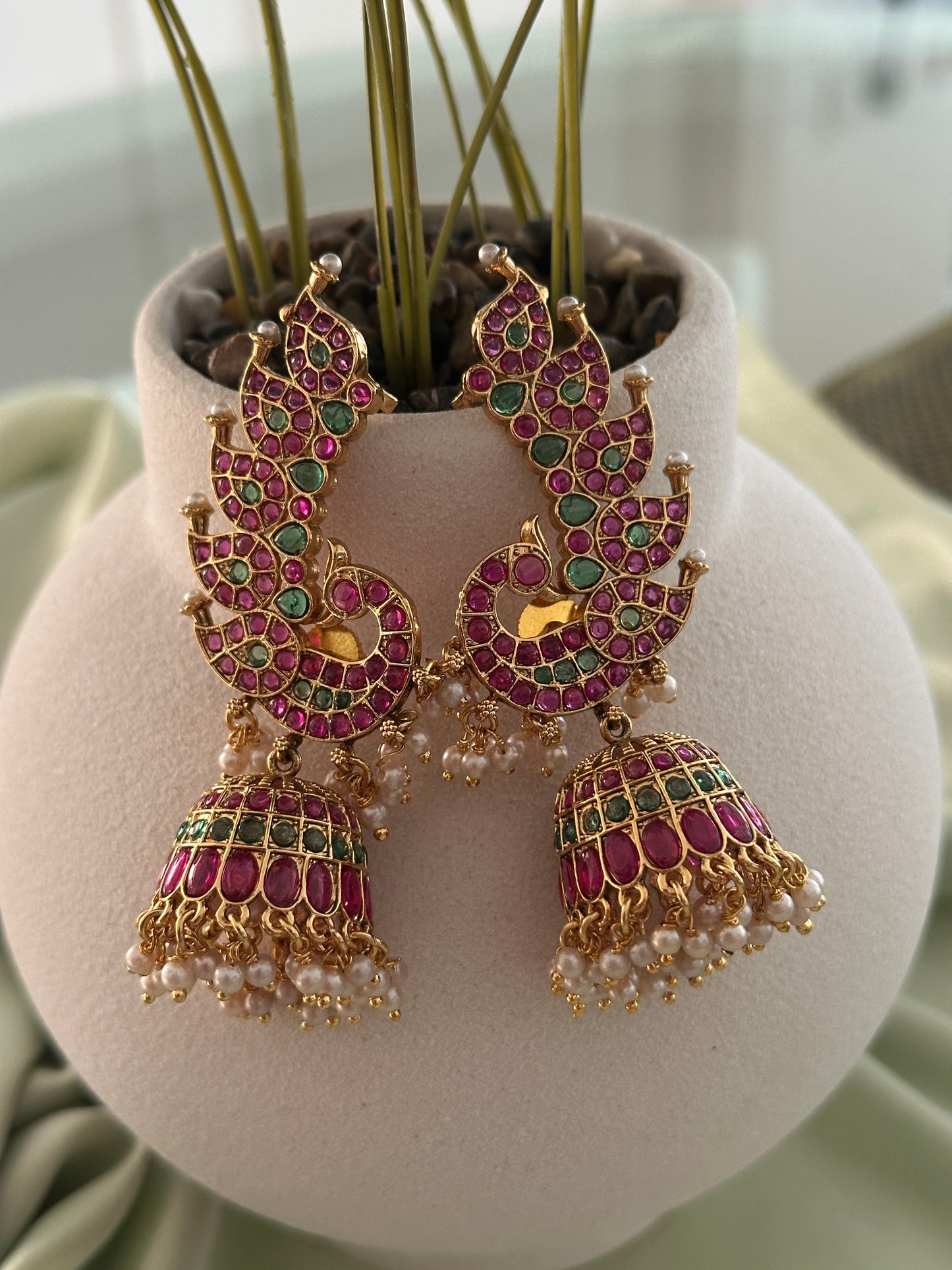 Premium Kemp Peacock Earcuff Jhumkas