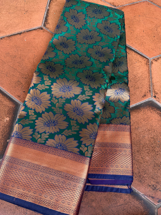 Turquoise Floral Semi Silk Saree