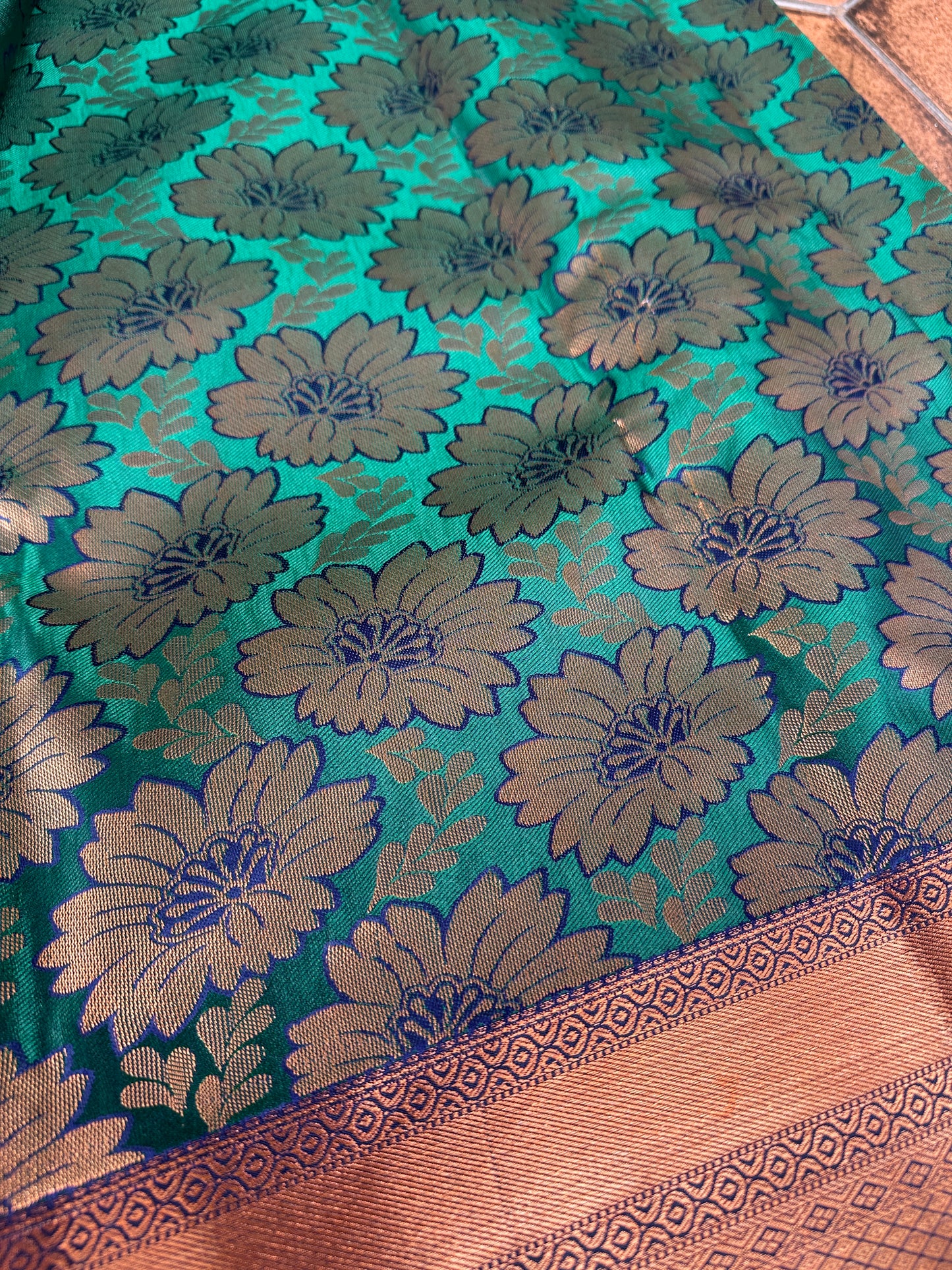 Turquoise Floral Semi Silk Saree