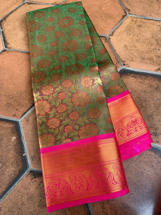 Mehendi Green Floral Semi Silk Saree