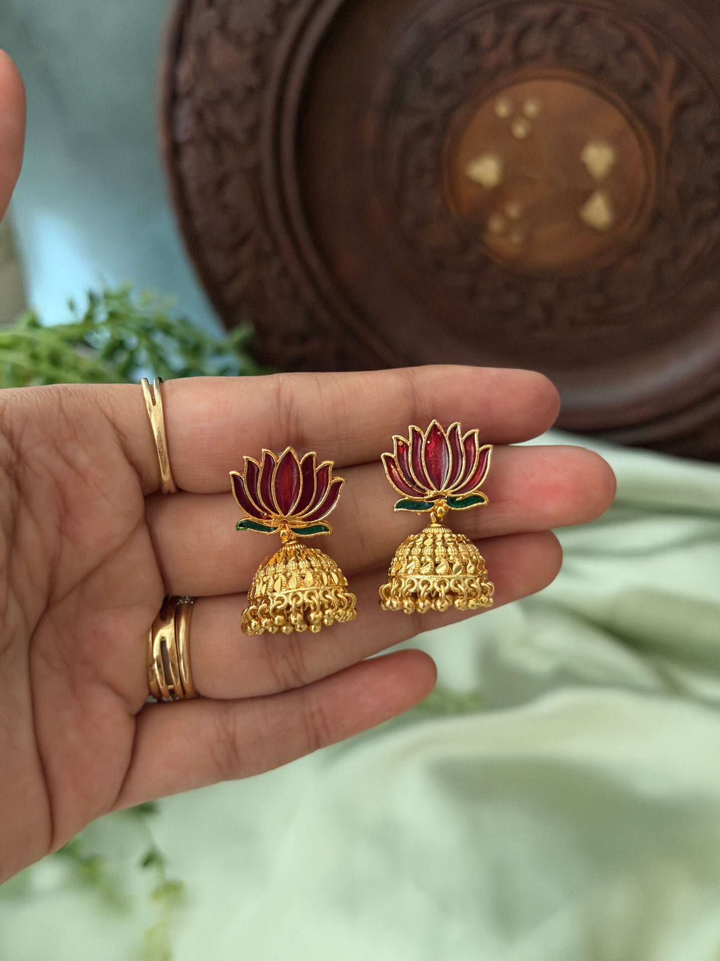 Enamel Lotus Jhumkas