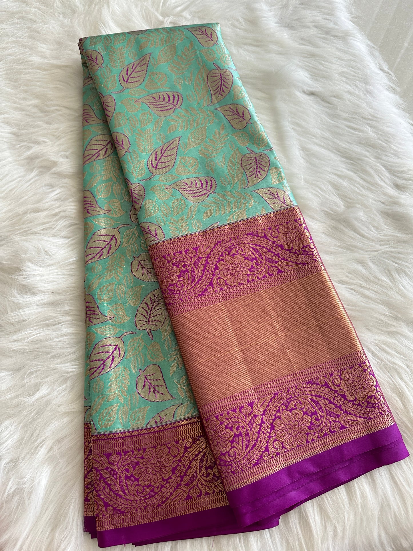 Leafy Teal Blue Kanchi Tissue Pattu