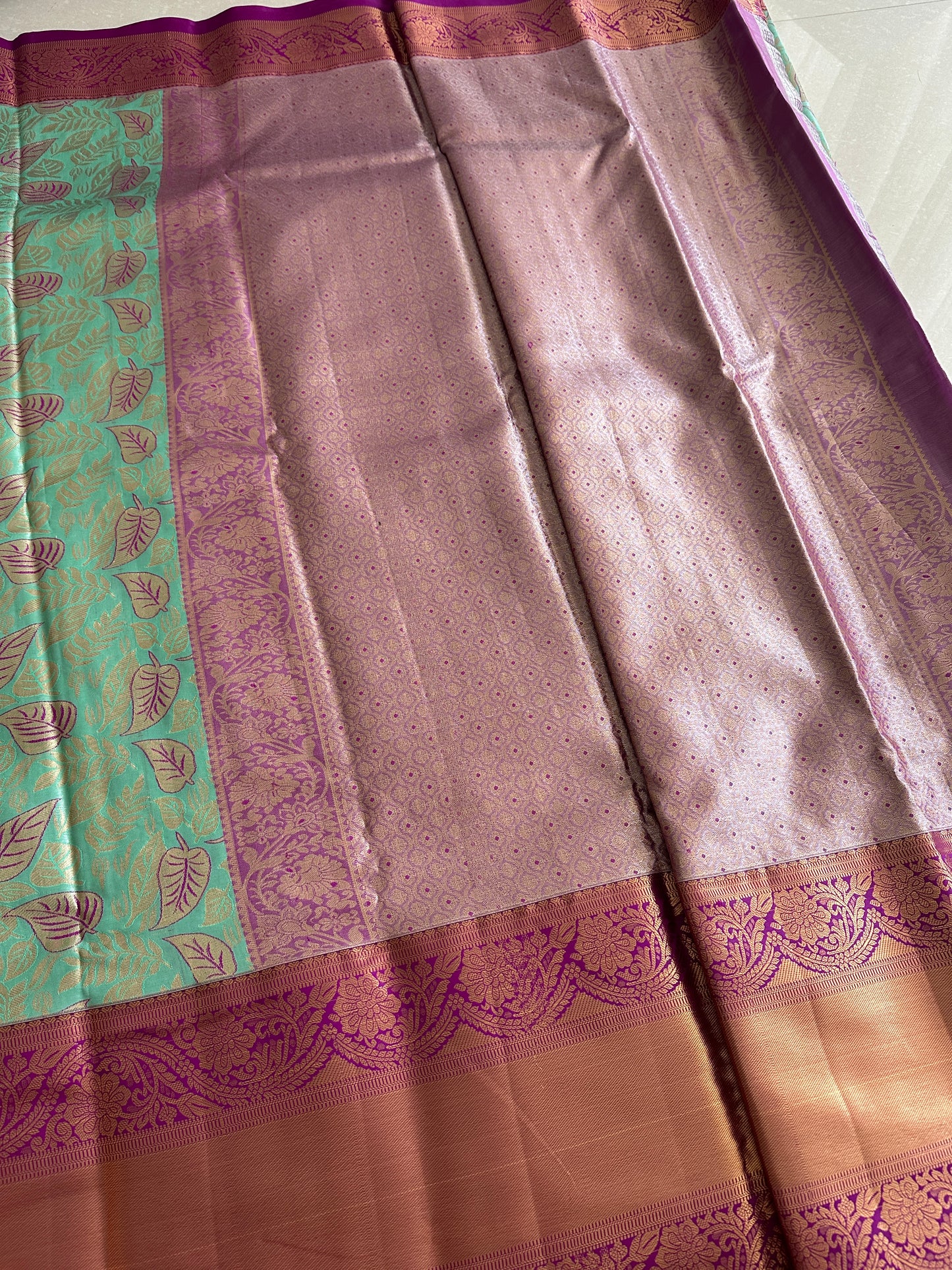 Leafy Teal Blue Kanchi Tissue Pattu