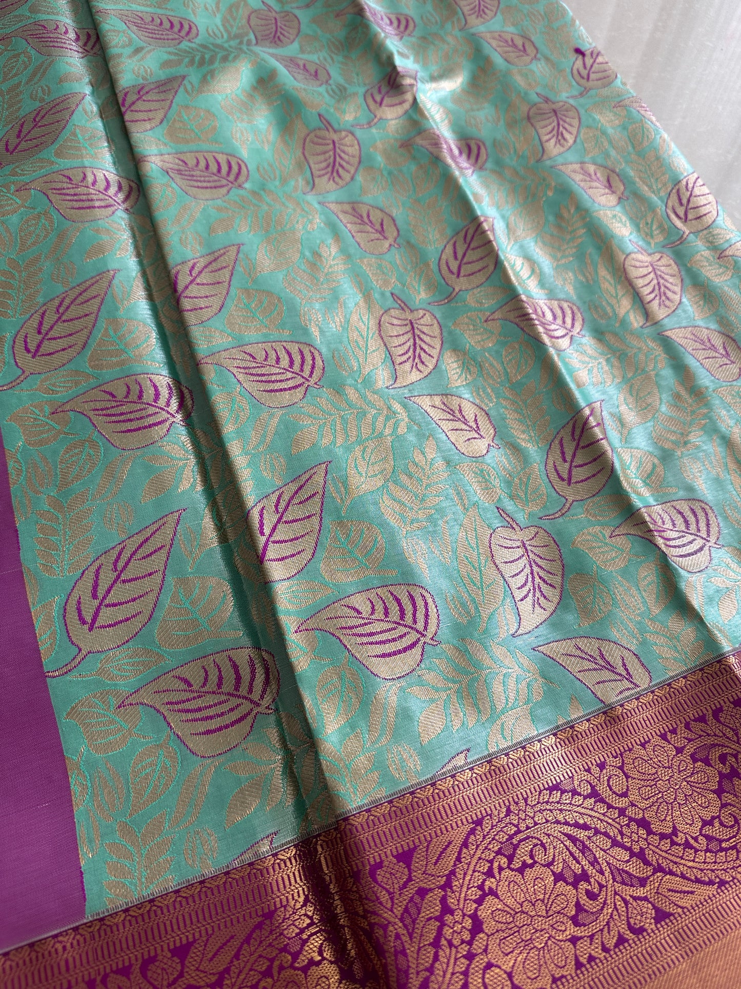 Leafy Teal Blue Kanchi Tissue Pattu