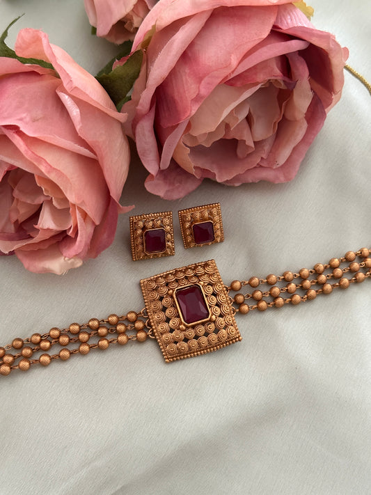 Square Pendant Gold Bead Choker