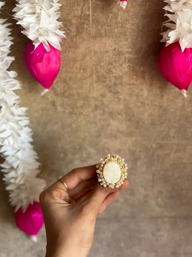 White Druzy Pearl ring