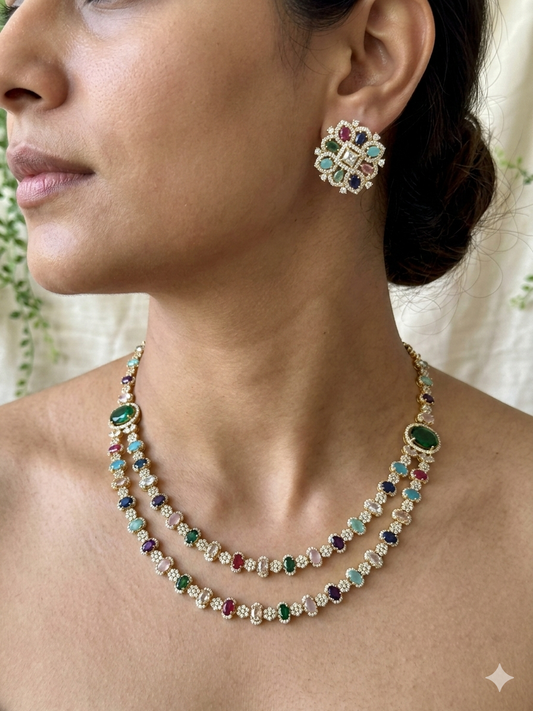 Dual Layer AD Navaratna Necklace