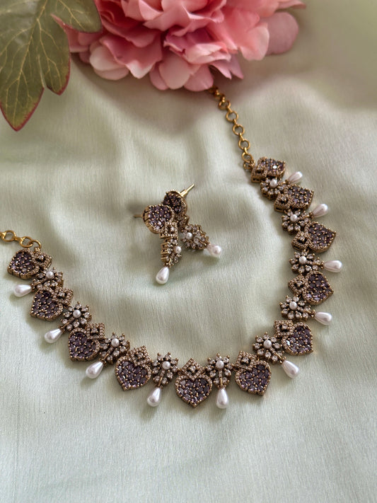 Little Heart AD Necklace with Pearl Droppings