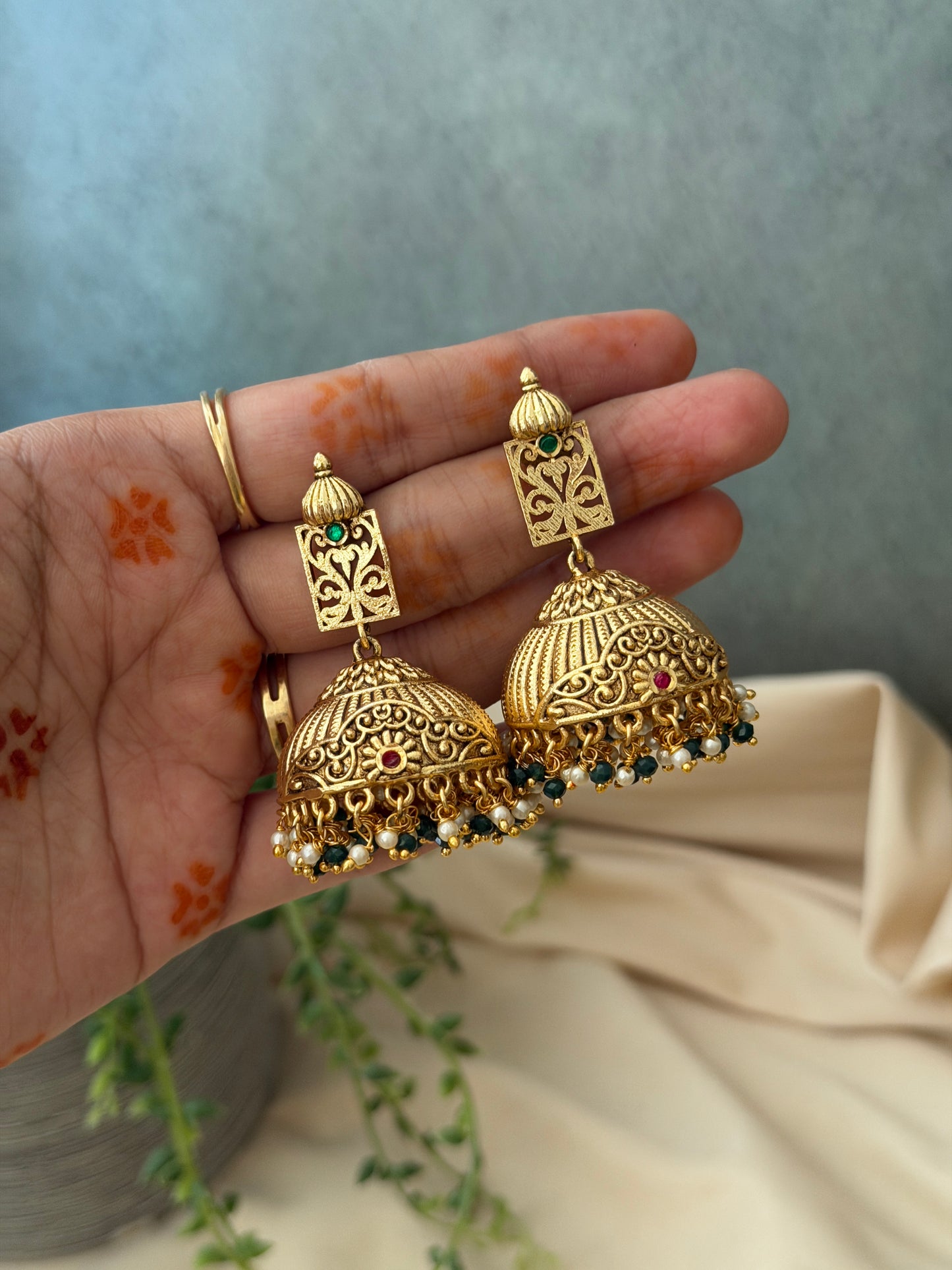 Matte Jhumkas With Crystal Ball Droppings