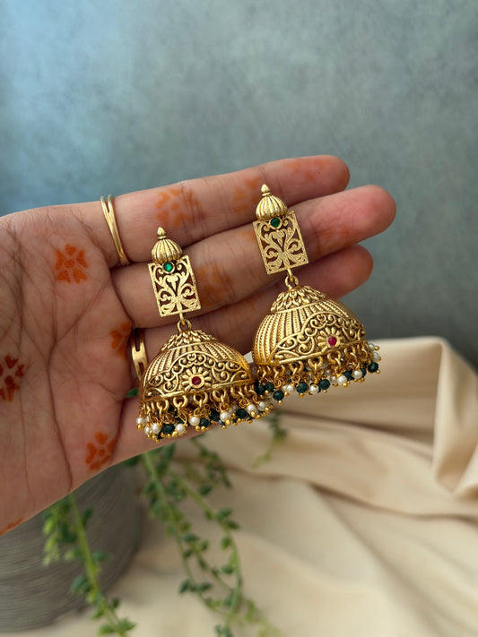 Matte Jhumkas With Crystal Ball Droppings
