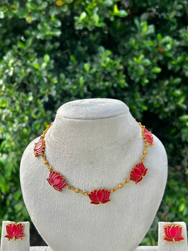 Pop pink Enamel Lotus Necklace