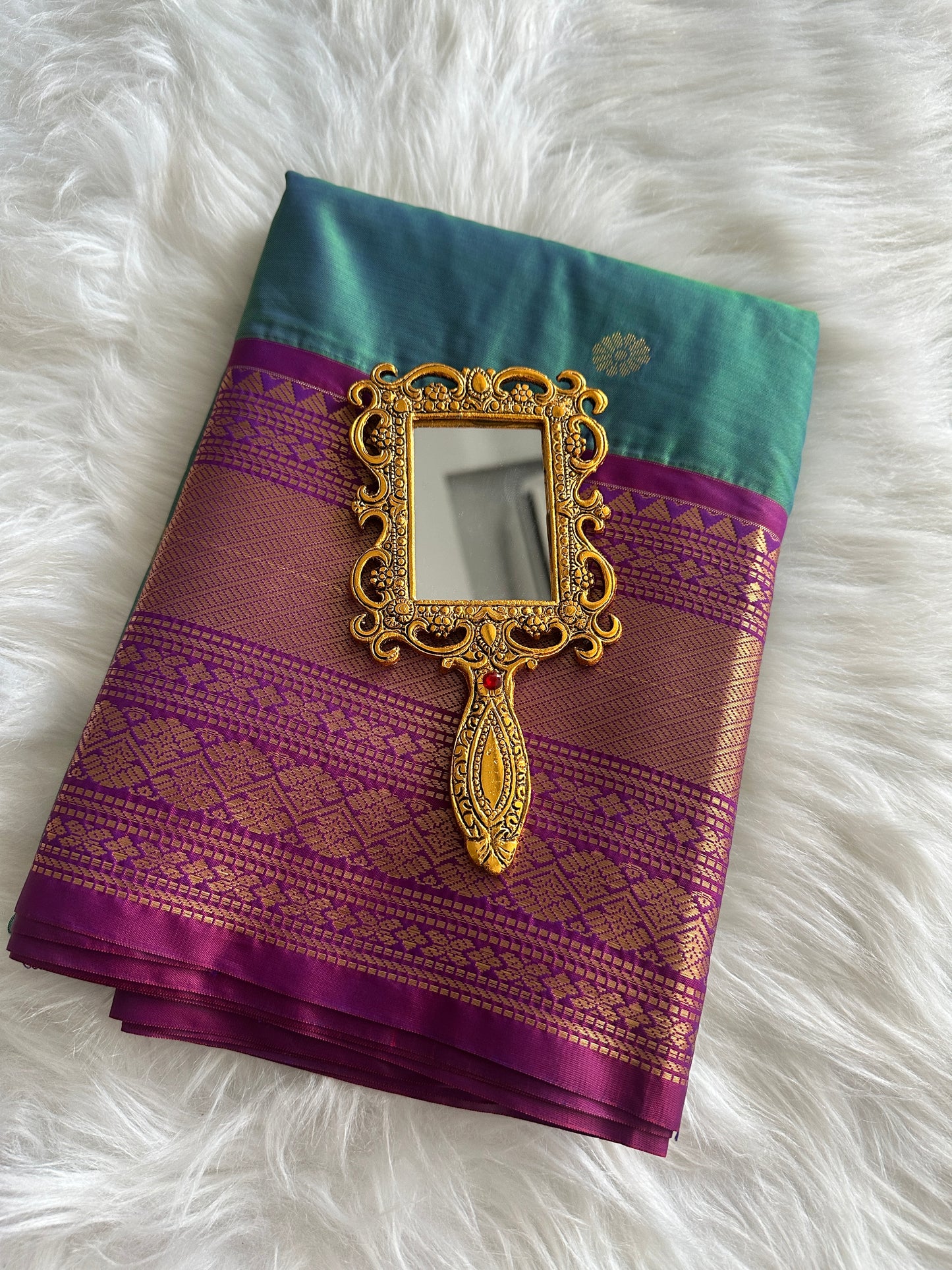 Blue & Green dual tone semi Kanchivaram Pattu