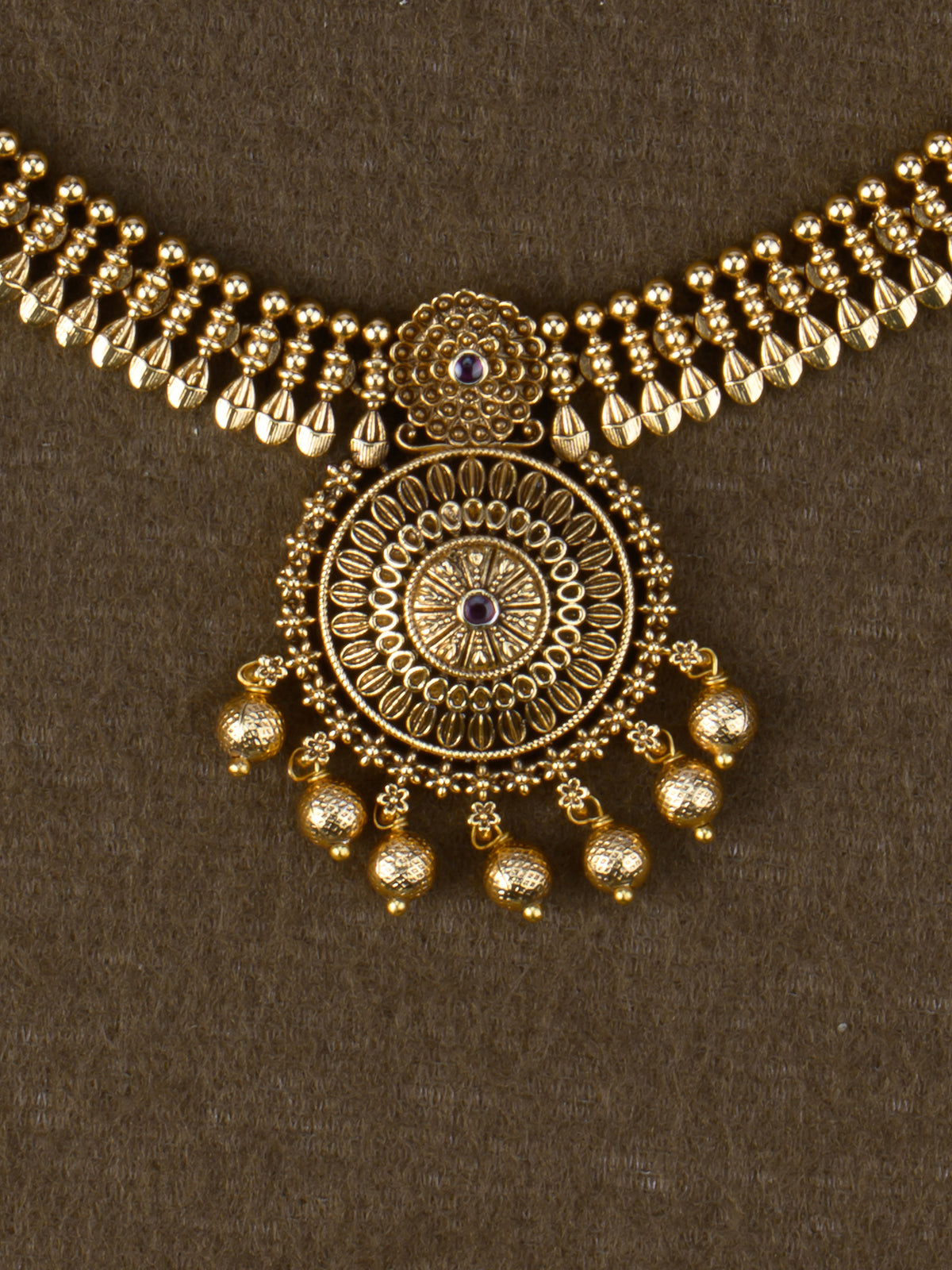 Suryachakra Antique Necklace Set - Red pendant close-up