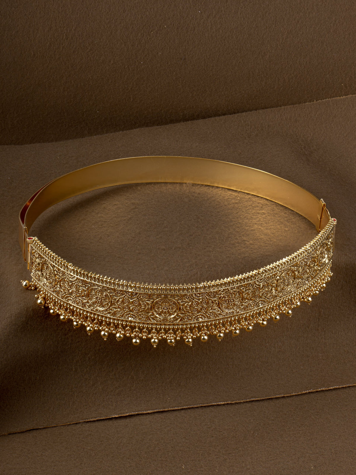 Pushpavalli Hip Belt - gold filigree bridal oddiyanam with floral medallions and gold bead fringe