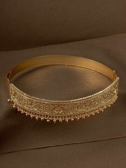 Pushpavalli Hip Belt - gold filigree bridal oddiyanam with floral medallions and gold bead fringe