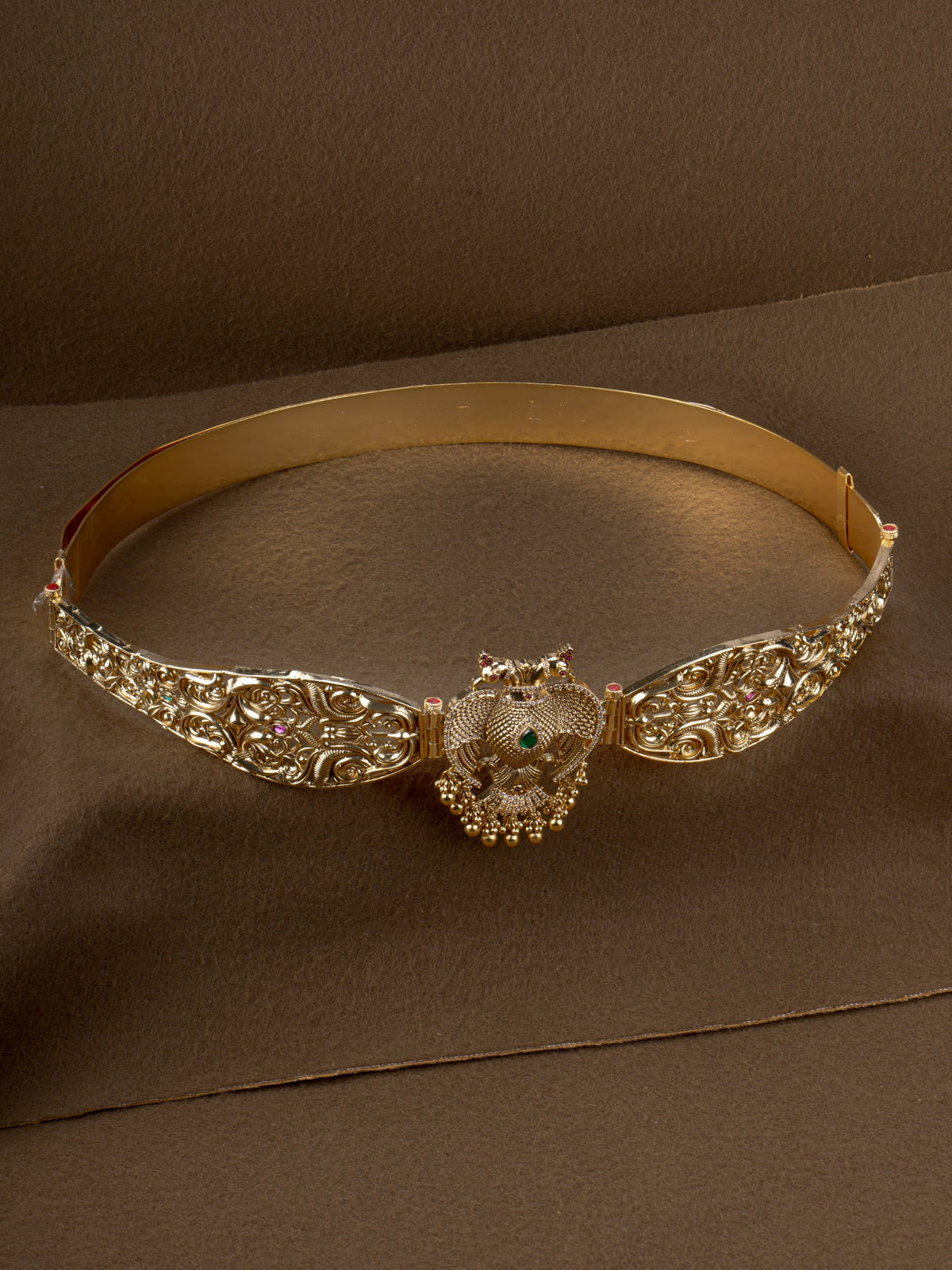 Mayura Hridaya Hip Belt - gold bridal oddiyanam with twin peacock heart centrepiece