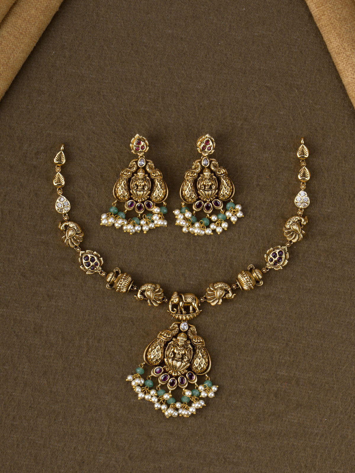 Antique Gaja Lakshmi Peacock Temple Necklace Set with matching earrings