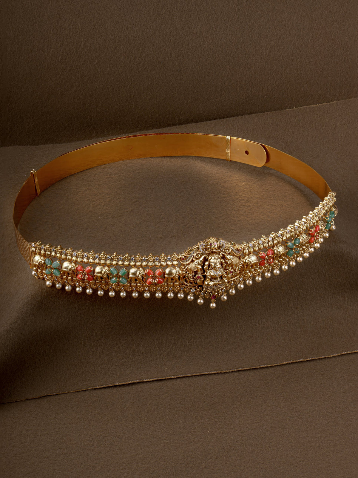 Gajalakshmi Coral Hip Belt - gold bridal oddiyanam with Lakshmi and elephant centrepiece, coral and green stones and pearl drops