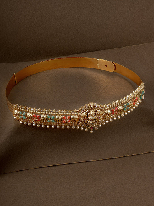 Gajalakshmi Coral Hip Belt - gold bridal oddiyanam with Lakshmi and elephant centrepiece, coral and green stones and pearl drops