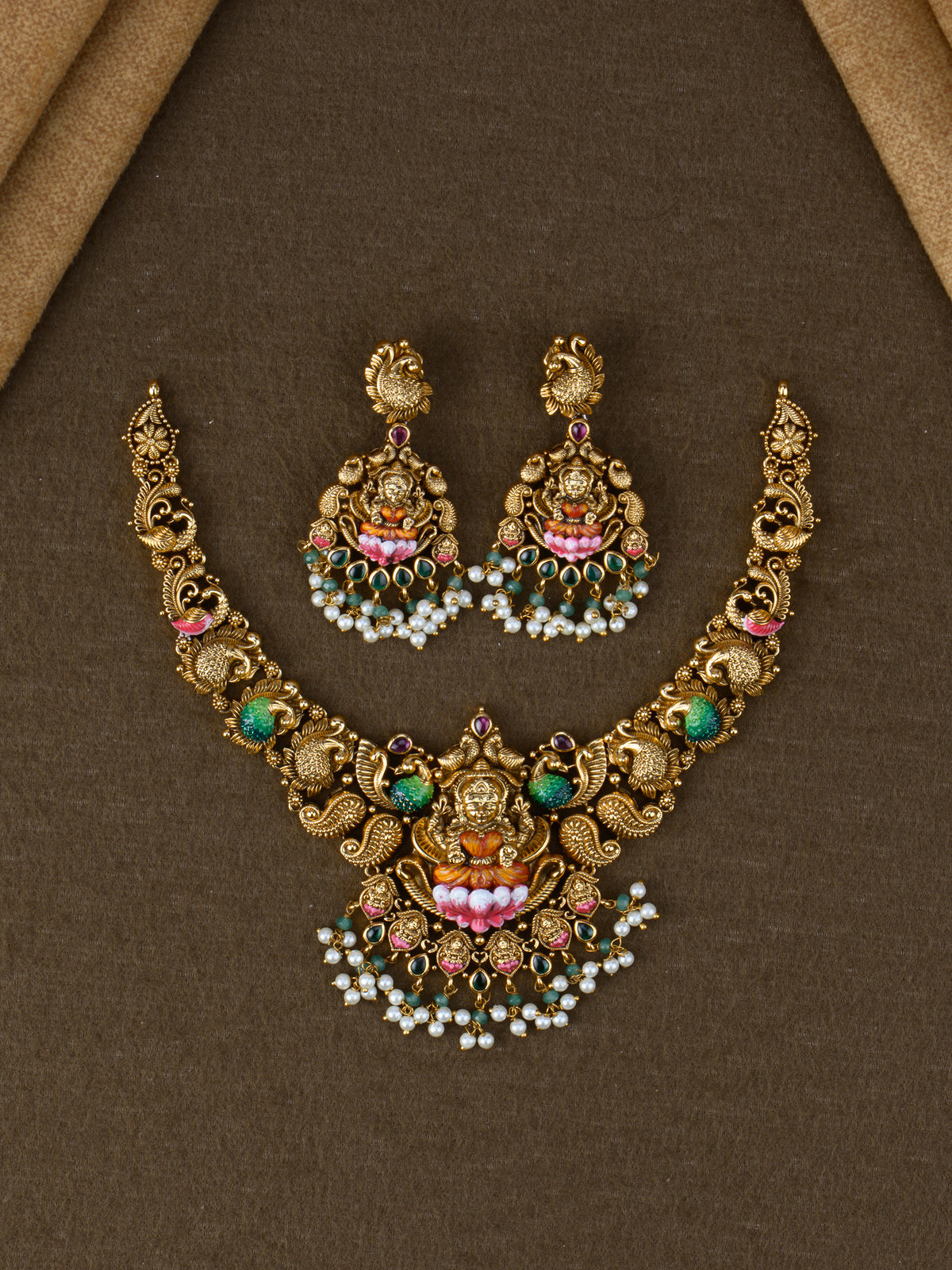 Antique Meenakari Lakshmi Peacock Temple Necklace Set with matching earrings