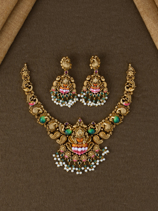Antique Meenakari Lakshmi Peacock Temple Necklace Set with matching earrings