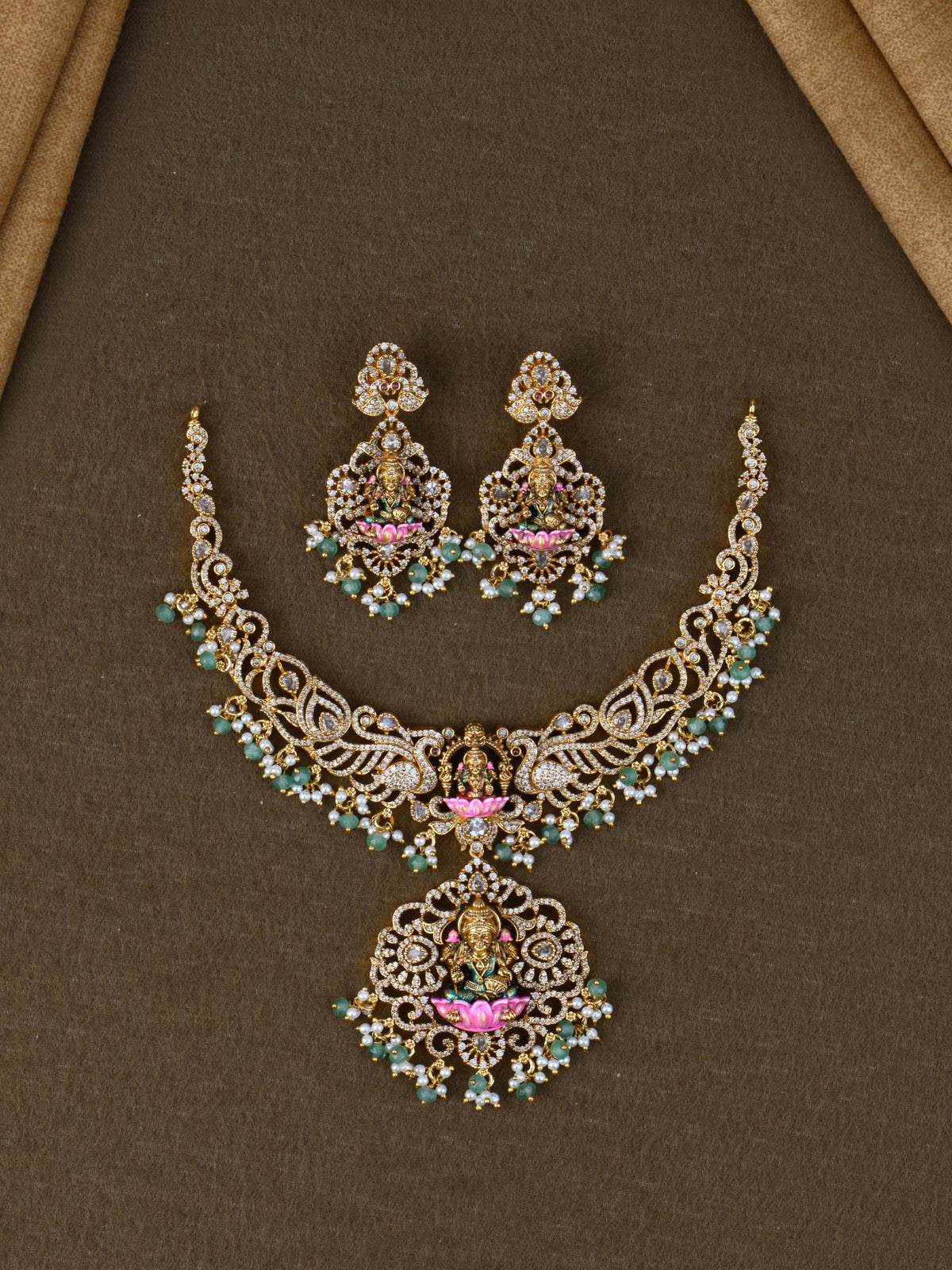 CZ Lakshmi peacock necklace set - Green